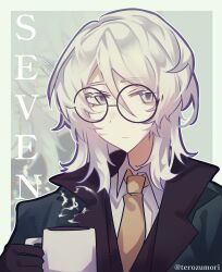  1girl absurdres black_gloves blue_eyes brown_vest castlwhite closed_mouth coat collared_dress colored_eyelashes cup dress english_text faust_(project_moon) glasses gloves green_coat highres holding holding_cup limbus_company looking_at_viewer medium_hair necktie pale_skin project_moon round_eyewear seven_association_south_(identity)_(project_moon) seven_association_south_uniform shirt steam vest white_eyelashes white_hair white_shirt yellow_necktie 