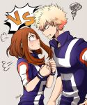  1boy 1girl absurdres angry artist_name bakugou_katsuki blonde_hair boku_no_hero_academia brown_eyes brown_hair highres ho_tuga looking_at_another red_eyes short_hair sidelocks spiky_hair standing sweatdrop u.a._gym_uniform uraraka_ochako vs 