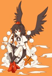  1girl black_skirt black_wings camera clouds commentary crossed_legs feathered_wings full_body geta hat highres holding holding_camera looking_at_viewer medium_hair orange_background pom_pom_(clothes) red_eyes red_hat shameimaru_aya shirt skirt smile solo tengu tengu-geta tokin_hat touhou untranslatable_commentary watanukimurama white_shirt wings 