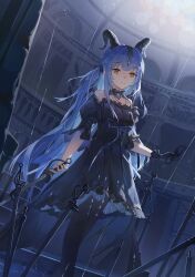  1girl absurdres arknights artist_request bang_dream! bang_dream!_it's_mygo!!!!! bare_shoulders black_dress black_gloves black_horns black_pantyhose black_ribbon blue_hair chinese_commentary closed_mouth commentary_request commission curled_horns detached_collar dress expressionless feet_out_of_frame german_commentary gloves hair_ribbon highres holding holding_mask holding_sword holding_weapon horns indoors long_hair looking_at_viewer mask mixed-language_commentary multiple_swords pantyhose ribbon second-party_source sidelighting sidelocks solo standing sword togawa_sakiko togawa_sakiko_(master_of_melodia) two_side_up weapon wrist_cuffs yellow_eyes 