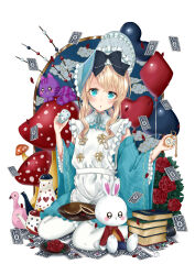  1girl absurdres alice's_adventures_in_wonderland alice_(alice_in_wonderland) apron aqua_bonnet aqua_eyes aqua_sleeves balloon black_ribbon blonde_hair bonnet book card clock full_body grey_ribbon hair_ribbon hands_up heart_balloon highres holding_clock light_blush long_hair looking_at_viewer pantyhose parted_lips ribbon sei_ichi_(shiratamamikan) sidelocks simple_background solo white_apron white_background white_pantyhose 