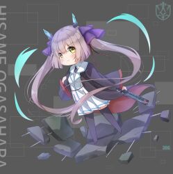  1girl absurdres black_robe black_thighhighs blunt_bangs blunt_ends blush brown_hair character_name chibi chibi_only closed_mouth collared_shirt commentary dutch_angle eyes_visible_through_hair fake_horns fighting_stance floating_hair frown full_body grey_background gun hair_between_eyes hair_ribbon hand_up heaven_burns_red highres hime_cut holding holding_gun holding_weapon horns kaorun_(momiji_hourensou) long_hair long_sleeves miniskirt neck_ribbon ogasahara_hisame open_clothes open_robe pleated_skirt purple_ribbon red_pupils ribbon robe rubble serious shirt sidelocks simple_background skirt solo standing tareme thigh-highs twintails v-shaped_eyebrows very_long_hair weapon white_shirt white_skirt wide_sleeves yellow_eyes zettai_ryouiki 