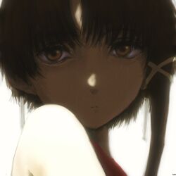  1girl asymmetrical_hair backlighting bare_shoulders brown_hair closed_mouth commentary english_commentary expressionless from_side hair_ornament highres iwakura_lain looking_at_viewer portrait ranm12s serial_experiments_lain short_hair simple_background single_sidelock sleeveless solo turning_head x_hair_ornament 