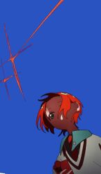  amate_yuzuriha blue_background blue_eyes cellphone commentary_request euph0ria_105 gundam gundam_gquuuuuux highres one_eye_covered perspective phone red_hair saturated school_uniform smartphone star_(sky) 
