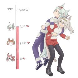  2girls ? ?? ahoge animal_ears assisted_stretching back-to-back belno_light_(umamusume) bilingual_commentary black_shoes blue_eyes blue_jacket blue_pants closed_mouth commentary diamond_hairband ear_ornament ear_ribbon fujimasa_march_(umamusume) grey_hair gym_shorts half_updo heart highres horse_ears horse_girl horse_tail jacket kasamatsu_tracen_training_uniform kiss_meter_(meme) leaning_forward light_frown locked_arms long_hair long_sleeves looking_at_another looking_back meme mixed-language_commentary multiple_girls norn_ace_(umamusume) oguri_cap_(racehorse) oguri_cap_(umamusume) open_mouth pants pantyhose pantyhose_under_shorts ponytail red_jacket red_shorts reo_000 shoes shorts simple_background sneakers standing tail tracen_training_uniform track_jacket track_pants umamusume umamusume:_cinderella_gray white_background white_shoes yellow_eyes 