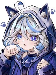  1girl :3 absurdres ahoge alternate_costume animal_ear_fluff animal_ear_hood animal_ears artist_name ascot blue_ascot blue_eyes blue_hair blue_jacket blue_streaks cat_day cat_ears check_commentary choker commentary_request drop-shaped_pupils fake_animal_ears furina_(genshin_impact) genshin_impact haru_tuku heterochromia highres hood hood_up hooded_jacket jacket long_sleeves looking_at_viewer mismatched_pupils multicolored_hair open_clothes open_jacket open_mouth paw_pose paw_print portrait short_hair signature simple_background solo streaked_hair symbol-shaped_pupils white_background white_hair 