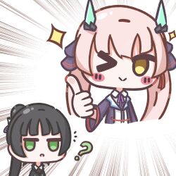  >_< 2girls ;) ? absurdres arcshizuku black_hair black_jacket black_ribbon black_robe blunt_bangs blush_stickers brown_hair chibi chibi_only closed_mouth commentary emphasis_lines fake_horns green_eyes hair_ribbon heaven_burns_red highres horns jacket jitome long_hair long_sleeves looking_at_another looking_at_viewer multiple_girls natsume_inori neck_ribbon ogasahara_hisame one_eye_closed open_clothes open_mouth open_robe ponytail purple_ribbon ribbon robe shirt sidelocks simple_background smile sparkle split_mouth thumbs_up twintails untranslatable_commentary upper_body white_background white_shirt wide_sleeves yellow_eyes 