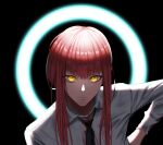  1girl aura bangs besty_(2595782151) black_background black_necktie chainsaw_man closed_mouth collared_shirt hand_on_hip highres long_hair looking_at_viewer makima_(chainsaw_man) necktie redhead shiny shiny_hair shirt solo upper_body very_long_hair white_shirt wing_collar yellow_eyes 