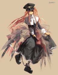  1girl argyle_clothes argyle_pantyhose black_dress black_hat black_pantyhose black_shoes brown_background buttons capelet closed_mouth commentary_request cross cross_necklace cuffs dated dress eyepatch frilled_dress frills full_body glowing glowing_eye hat highres holding_own_dress jewelry long_dress long_hair long_sidelocks long_sleeves military_hat miracle_nikki necklace nikki_(series) nun orange_hair pantyhose peaked_cap pink_eyes platform_shoes shackles sheath sheathed shoes sidelocks simple_background sleeve_cuffs smile sneakers solo stylist_(nikki) sword turtleneck_capelet uro_(uvxkf) very_long_hair weapon white_capelet 