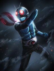  1boy absurdres antennae arm_up armor armored_bodysuit black_bodysuit bodysuit breastplate bug clenched_hand commentary compound_eyes dark_background dust_cloud embers feet_out_of_frame gloves glowing glowing_eyes grasshopper green_armor green_gloves green_helmet helmet highres kamen_rider kamen_rider_(1st_series) kamen_rider_1 leather_suit legs_apart looking_ahead male_focus mask outstretched_arm posing red_eyes red_scarf rider_belt robuja scarf solo standing tokusatsu typhoon_(kamen_rider) 