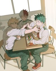  3boys absurdres bakugou_katsuki black_pants blonde_hair blue_eyes boku_no_hero_academia brown_eyes brown_shoes burger burn_scar chair commentary cup curtains eye_contact food food_wrapper freckles french_fries green_eyes green_hair heterochromia highres holding holding_food indoors looking_at_another male_focus midoriya_izuku multicolored_hair multiple_boys naangqq necktie outstretched_arm pants red_eyes red_hair red_necktie red_shoes scar scar_on_arm scar_on_cheek scar_on_face school_uniform shirt shirt_tucked_in shoes short_hair sitting spiky_hair split-color_hair table todoroki_shoto tray u.a._school_uniform untranslatable_commentary white_hair white_shirt wide-eyed window wiping_another's_face 