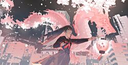  1girl 3pel1 black_hair black_sailor_collar black_serafuku black_skirt cherry_blossoms commentary_request dragon eastern_dragon highres lantern long_hair neckerchief night original paper_lantern pleated_skirt red_neckerchief sailor_collar school_uniform serafuku skirt solo 