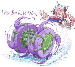  1girl apron blue_archive blue_halo blue_shirt commentary demon_girl demon_horns halo headscarf horns juri_(blue_archive) long_hair o2otsu pan-chan_(blue_archive) panjandrum pink_hair pointy_ears pun shirt simple_background solo translation_request white_apron white_background white_headscarf 