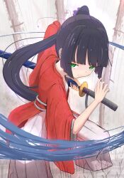  1girl absurdres bamboo battoujutsu_stance black_hair blunt_bangs blunt_ends closed_mouth commentary cosplay fighting_stance floating_hair foot_out_of_frame green_eyes hakama heaven_burns_red highres hime_cut himura_kenshin himura_kenshin_(cosplay) holding holding_sword holding_weapon incoming_attack japanese_clothes katana kimono leaning_forward long_hair long_sleeves looking_at_viewer natsume_inori outdoors ponytail psy_(artist) ready_to_draw red_kimono rurouni_kenshin samurai serious sheath sidelocks solo split_mouth standing sword unsheathing upturned_eyes very_long_hair weapon white_hakama wide_sleeves 