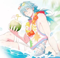  1boy absurdres alternate_costume bare_shoulders beach belt belt_buckle bendy_straw blue_belt blue_hair buckle coconut coconut_cup commentary dramatical_murder drinking_straw earrings eyewear_on_head floating_hair flower flower_necklace fruit_as_cup grin highres holding jewelry lei long_hair male_focus miemia multiple_belts ocean orange_flower outdoors palm_tree piercing red_flower seragaki_aoba shirt shorts sitting sky sleeveless sleeveless_shirt smile solo stud_earrings tree water white_shorts yellow_eyes 