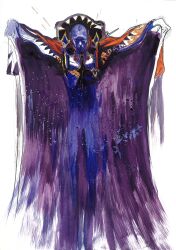  1boy amano_yoshitaka arms_up bald blue_robe cape colored_skin final_fantasy final_fantasy_iv full_body hood looking_at_viewer no_pupils official_art outstretched_arms purple_cape purple_skin robe third-party_source zemus 