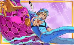  1boy 1other absurdres aiming aiming_at_viewer blonde_hair blue_eyes blue_hat blue_hoodie blue_lips blue_nails blue_pants fingernails golden_spiral hair_flaps hat highres hood hoodie horse_print horseshoe horseshoe_hat_ornament horseshoe_ornament johnny_joestar jojo_no_kimyou_na_bouken jumboiiii male_focus nail_polish outstretched_arm pants parted_lips pointing pointing_at_viewer powering_up stand_(jojo) star_(symbol) star_print steel_ball_run tusk_(stand) tusk_act4 v-shaped_eyebrows 