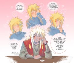  2boys blonde_hair commentary english_commentary facial_mark highres jiraiya_(naruto) kokodrawings male_focus multiple_boys namikaze_minato naruto_(series) speech_bubble spiky_hair talking teacher_and_student thought_bubble white_hair worried 