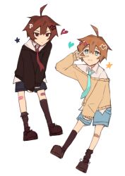  2boys :3 absurdres ahoge aqua_necktie asymmetrical_legwear bandaid bandaid_on_leg black_socks blue_eyes blue_shorts broken_heart broken_heart_hair_ornament brothers brown_hair brown_shoes cardigan closed_mouth collared_shirt evil_neuro-sama full_body genderswap genderswap_(ftm) hair_between_eyes hair_ornament hair_ribbon heart heart_hair_ornament highres hunched_over jiro_draws_cats kneehighs long_sleeves looking_at_viewer loose_socks multiple_boys necktie neuro-sama no_nose off-shoulder_cardigan pink_ribbon red_eyes red_necktie ribbon shirt shoes short_hair shorts siblings skull_hair_ornament sleeves_past_wrists socks split_mouth star_(symbol) torn_clothes torn_necktie twins uneven_legwear untucked_shirt v v_over_eye vedal_ai white_shirt yellow_cardigan 