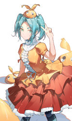  1girl absurdres aqua_hair center_frills closed_mouth commentary dress expressionless frills googly_eyes green_eyes highres hikimayu layered_dress looking_at_viewer monogatari_(series) multicolored_dress ononoki_yotsugi puffy_short_sleeves puffy_sleeves short_sleeves short_twintails simple_background solo twintails v white_background xian_guang 