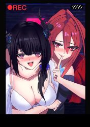  2girls absurdres ahoge asymmetrical_horns black_hair black_horns blue_fire blue_hair breasts colored_inner_hair demon_horns dexwatever elizabeth_rose_bloodflame fire highres hololive hololive_english horns huge_ahoge large_breasts long_hair mole mole_under_eye multicolored_hair multiple_girls nerissa_ravencroft red_eyes red_hair uneven_horns virtual_youtuber 