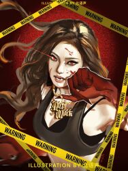  1girl aespa beiyusheng black_bra black_eyeliner black_eyeshadow bra brown_eyes brown_hair caution_tape chain colored_skin commentary eyeliner eyeshadow fangs fingernails floating_hair highres jewelry long_fingernails long_hair looking_at_viewer makeup necklace ningning_(aespa) open_mouth red_skin solo underwear upper_body 