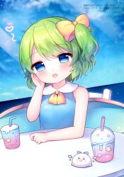  1girl :d absurdres bare_arms bare_shoulders blue_dress blue_eyes blush bow bowtie cirno coa_(chroo_x) cup daiyousei disposable_cup dress drinking_straw green_hair hair_bow hand_up highres looking_at_viewer one_side_up open_mouth short_hair sleeveless sleeveless_dress smile solo swept_bangs third-party_source touhou translation_request upper_body yellow_bow yellow_bowtie 