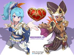  2girls asymmetrical_clothes blue_hair boots breasts brooch cape cia_(hyrule_warriors) hat highres hyrule_warriors jewelry lana_(hyrule_warriors) large_breasts laz_gm medium_breasts multicolored_eyes multiple_girls navel necklace paid_reward_available piece_of_heart side_ponytail smile stomach the_legend_of_zelda two-tone_eyes violet_eyes white_hair 