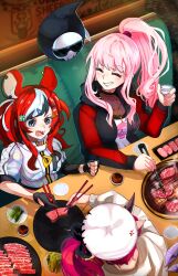  3girls absurdres animal_ears chopsticks commentary dating demon_horns english_commentary hakos_baelz high_ponytail highres holding holding_chopsticks hololive hololive_english horns indoors irys_(hololive) jacket miku_(mikururun) mori_calliope mori_calliope_(streetwear) multicolored_hair multiple_girls open_clothes open_jacket open_mouth pink_hair ponytail sharp_teeth sitting smile teeth two-tone_hair virtual_youtuber 