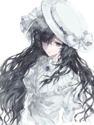  1girl absurdres black_hair bow dress hair_over_one_eye hat hat_bow highres ice_drop isolde_(reverse:1999) juliet_sleeves long_hair long_sleeves looking_at_viewer one_eye_covered puffy_sleeves reverse:1999 solo upper_body veil violet_eyes white_background white_bow white_dress white_hat white_veil 