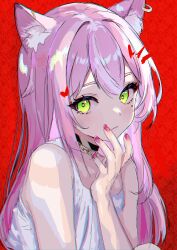  1girl absurdres animal_ear_fluff animal_ear_piercing animal_ears bare_shoulders black_choker bright_pupils cat_ears cat_girl chain chain_necklace choker chromatic_aberration commentary double-parted_bangs english_commentary enya_yoruneko facial_mark fingernails green_eyes hand_to_own_mouth heart heart_facial_mark highres indie_virtual_youtuber jewelry light_blush long_hair looking_at_viewer looking_to_the_side lower_lip_only necklace parted_lips pink_hair pink_nails plunplun red_background sideways_glance sleeveless solo tank_top upper_body virtual_youtuber white_pupils white_tank_top yellow_eyes 