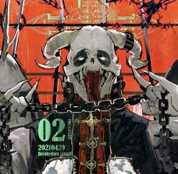  1boy 1girl \m/ antlers belt black_belt black_jacket chain chidaruma collar copyright_name dated demon dorohedoro fangs fangs_out grey_horns hands_up haru_(dorohedoro) high_collar holding holding_chain horn_belt horn_ornament horns jacket jewelry long_tongue nano_(c175311) open_mouth red_background red_collar ring sharp_teeth skull_head studded_collar teeth toggles tongue tongue_out white_eyes window 