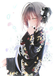  1girl absurdres backlighting black_flower black_kimono black_nails black_rose blurry blurry_background blush breasts brown_hair commentary dated_commentary floral_background floral_print flower from_side glowing glowing_petals green_eyes hair_bun hair_flower hair_ornament hand_on_own_chin highres japanese_clothes kimono light_particles medium_hair original petals rose sajin53 simple_background small_breasts solo upper_body white_flower white_rose 