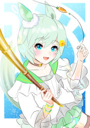  1girl animal_ears blue_eyes brown_choker chiffon choker collarbone commentary_request ear_covers fish_hook fishing_rod flower green_sailor_collar green_shorts grey_hair hair_between_eyes hair_flower hair_ornament hairclip highres holding holding_fishing_rod horse_ears horse_girl horse_tail layered_shirt long_sleeves looking_at_viewer open_mouth sailor_collar seiun_sky_(reeling_in_the_big_one)_(umamusume) seiun_sky_(umamusume) shirt short_hair shorts single_ear_cover smile solo sunflower sunflower_hair_ornament tail thigh_strap umamusume 