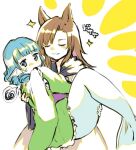  2girls animal_ears bangs blue_hair blunt_bangs brown_hair carrying closed_eyes commentary_request dress green_kimono head_fins imaizumi_kagerou japanese_clothes kimono long_hair long_sleeves mermaid monster_girl multiple_girls princess_carry smile sparkle spoken_squiggle squiggle syui_ko touhou wakasagihime white_background white_dress wide_sleeves wolf_ears 
