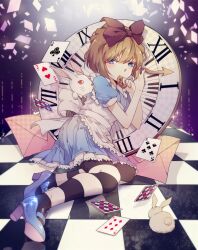  1girl alice's_adventures_in_wonderland alice_(alice_in_wonderland) alice_(alice_in_wonderland)_(cosplay) animal_ears apron blue_dress blue_eyes card checkered_floor cosplay dress full_body haibara_ai hands_up highres lei_yaya light_blush meitantei_conan pantyhose playing_card puffy_short_sleeves puffy_sleeves rabbit rabbit_ears revision short_sleeves solo striped_clothes striped_pantyhose white_apron white_rabbit_(alice_in_wonderland) 