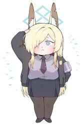  1girl :< animal_ear_fluff animal_ears black_jacket blonde_hair blue_archive blue_eyes blue_halo chibi chibi_only collared_shirt commentary_request dog_ears dog_girl full_body halo highres jacket kanna_(blue_archive) long_hair looking_at_viewer necktie ringed_eyes shirt simple_background skirt solo yosik 