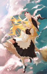  1girl 1zayoihypoxia absurdres apron black_hat black_shoes black_skirt black_vest blonde_hair bow braid broom broom_riding chinese_commentary clouds commentary_request cropped facing_viewer full_body green_bow hair_bow hat hat_bow highres kirisame_marisa long_hair looking_at_viewer outdoors puffy_short_sleeves puffy_sleeves shoes short_sleeves side_braid single_braid skirt socks solo touhou very_long_hair vest waist_apron white_apron white_bow white_socks witch_hat 