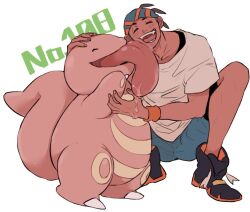  1boy ^_^ black_hair black_shoes blue_shorts blush chuu_ni closed_eyes commentary_request dark-skinned_male dark_skin fangs hand_on_another's_head headband licking licking_another's_face lickitung male_focus open_mouth pokemon pokemon_(creature) pokemon_sword_and_shield raihan_(pokemon) saliva shirt shoes short_hair short_sleeves shorts smile spiky_hair squatting teeth tongue tongue_out white_background white_shirt wristband 