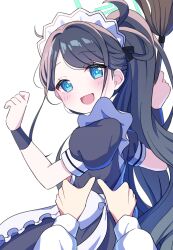  1boy 1girl :d absurdly_long_hair absurdres apron aris_(blue_archive) aris_(maid)_(blue_archive) black_hair black_wrist_cuffs blue_archive blue_eyes blue_halo carrying carrying_overhead carrying_person commentary_request duster feather_duster forehead frilled_apron frills from_behind halo head_tilt highres holding holding_duster light_blush long_hair looking_at_viewer looking_back maid maid_apron maid_headdress official_alternate_costume official_alternate_hairstyle out_of_frame parted_bangs pov pov_hands punapuraaa ringed_eyes sensei_(blue_archive) short_sleeves side_ponytail simple_background smile very_long_hair white_apron white_background wrist_cuffs wristband 