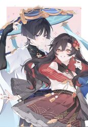  1boy 1girl arm_at_side armor bead_bracelet beads behind_another belt black_belt black_bodysuit black_bow black_bridal_gauntlets black_hair black_shorts black_shrug blouse blue_cape blue_eyes blue_gem blue_hat blue_sleeves blunt_ends blush bodysuit border bow bracelet bridal_gauntlets brooch brown_eyes cape choppy_bangs closed_mouth commentary_request commission couple covered_collarbone cranberry11_207 curled_fingers curtained_hair earrings eyelashes eyeliner feathers fingernails flower flower_earrings frilled_skirt frills gem genshin_impact glint gold gold_ring grey_sleeves grin hair_between_eyes hair_flower hair_intakes hair_ornament hand_up happy hat height_difference hetero highres japanese_armor japanese_clothes jewelry jingasa kimono korean_commentary kote kurokote layered_skirt layered_sleeves looking_at_another makeup mandarin_collar medium_skirt middle_ring oc_x_canon off_shoulder open_hand outline pink_background purple_rope purple_sash pyro_symbol_(genshin_impact) red_eyeliner red_flower red_gem red_hair red_nails red_skirt rope sash scaramouche_(genshin_impact) second-party_source see-through_clothes see-through_sleeves shirt short_sleeves shorts shrug_(clothing) side_cape skirt smile tassel wanderer_(genshin_impact) wavy_hair white_border white_bridal_gauntlets white_kimono white_outline white_shirt white_skirt white_sleeves yellow_feathers 