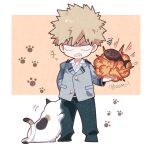  1boy animal arm_behind_back bakugou_katsuki blank_eyes blonde_hair boku_no_hero_academia cat clenched_teeth collared_shirt commentary_request explosion fish full_body green_pants grey_jacket jacket long_sleeves male_focus morino_(ktdk_0141) pants paw_print school_uniform shaded_face shirt short_hair simple_background sound_effects spiky_hair standing teeth u.a._school_uniform white_background white_cat 