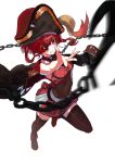  1girl absurdres bare_shoulders black_legwear blush breasts chain coat coat_on_shoulders eyepatch grin hat highres hololive houshou_marine long_hair mont_blanca pirate_hat red_eyes redhead simple_background smile solo thigh-highs twintails virtual_youtuber white_background 