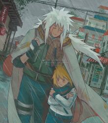  2boys artist_name blonde_hair child facial_mark forehead_protector highres jiraiya_(naruto) kokodrawings konohagakure_shinobi_uniform long_hair male_focus multiple_boys namikaze_minato naruto_(series) signature spiky_hair teacher_and_student twitter_username 