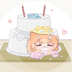  1girl animal_ears blue_archive blunt_bangs blush cake candle chibi closed_eyes commentary english_commentary food food_on_face food_on_hair halo highres horuhara long_sleeves mari_(blue_archive) neck_ribbon no_nose open_mouth orange_hair pajamas pink_pajamas polka_dot polka_dot_pajamas ribbon smol_mari_(blue_archive)_(horuhara) solo yellow_halo 