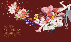  1girl ahoge antique_phone braid brown_hair butterfly_hair_ornament character_name eraser fingerless_gloves fingernails floral_print flower gem gloves hair_ornament happy_birthday highres jamjar77 leg_up nail_polish papyrus_(font) pencil phone pink_flower red_background red_eyes red_flower red_nails rotary_phone sheet_music solo table vase vocaloid white_flower white_gloves yuezheng_ling 