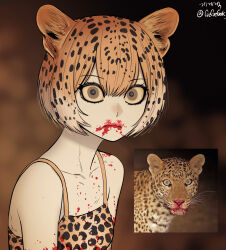  1girl absurdres animal_ears animal_print artist_name bare_shoulders blonde_hair blood blood_on_chest blood_on_clothes blood_on_mouth brown_eyes brown_sclera camisole cat_ears closed_mouth collarbone colored_sclera creature_and_personification gegegekman gradient_hair hair_between_eyes highres korean_text leopard leopard_ears leopard_girl leopard_print looking_at_viewer multicolored_hair original personification photo_inset reference_inset sidelocks spots twitter_username upper_body 
