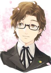  1boy black-framed_eyewear black_ribbon brown_eyes brown_hair collared_shirt commentary_request facing_viewer falling_petals gekkoukan_high_school_uniform glasses hiraga_keisuke isa_(peien516) looking_to_the_side male_focus neck_ribbon parted_lips persona persona_3 petals pink_petals rectangular_eyewear ribbon school_uniform semi-rimless_eyewear shirt short_hair solo teeth under-rim_eyewear white_shirt 