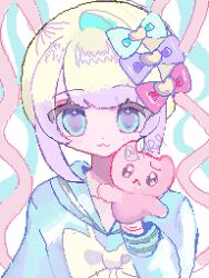  :3 blonde_hair blue_eyes blush bow chouzetsusaikawa_tenshi-chan hair_bow highres multicolored_hair multiple_hair_bows naishukketsukata needy_girl_overdose pien_cat_(needy_girl_overdose) quad_tails simple_background white_background 