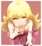  1girl ahoge bakemonogatari bangs bare_shoulders blonde_hair doughnut dress eating food highres holding holding_food long_hair looking_at_viewer monogatari_(series) oshino_shinobu pink_dress pon_de_ring psyto_qy2 shirt_grab solo strap_slip yellow_eyes 